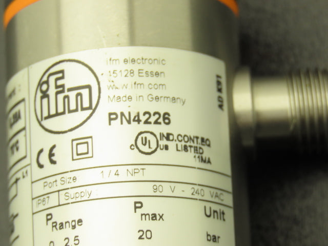 IFM PN4226 Electronic Pressure Switch 1/4" NPT 120/240VAC IP67 290 psi