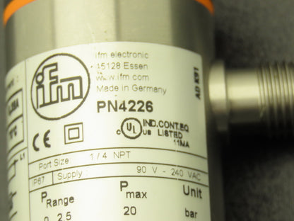 IFM PN4226 Electronic Pressure Switch 1/4" NPT 120/240VAC IP67 290 psi