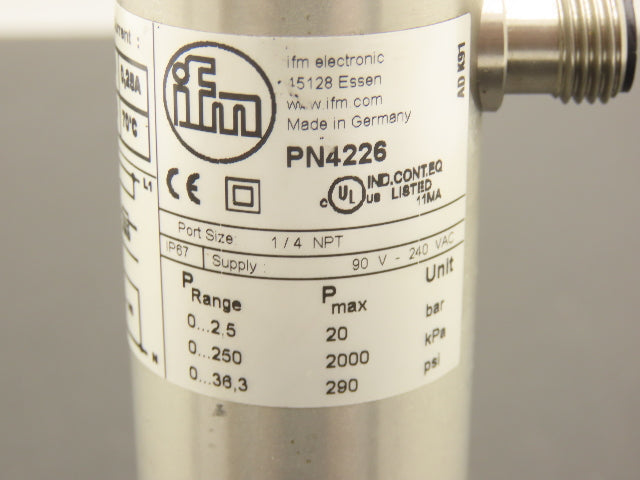 IFM PN4226 Electronic Pressure Switch 1/4" NPT 120/240VAC IP67 290 psi