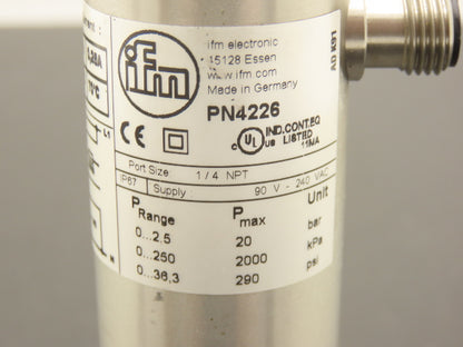 IFM PN4226 Electronic Pressure Switch 1/4" NPT 120/240VAC IP67 290 psi