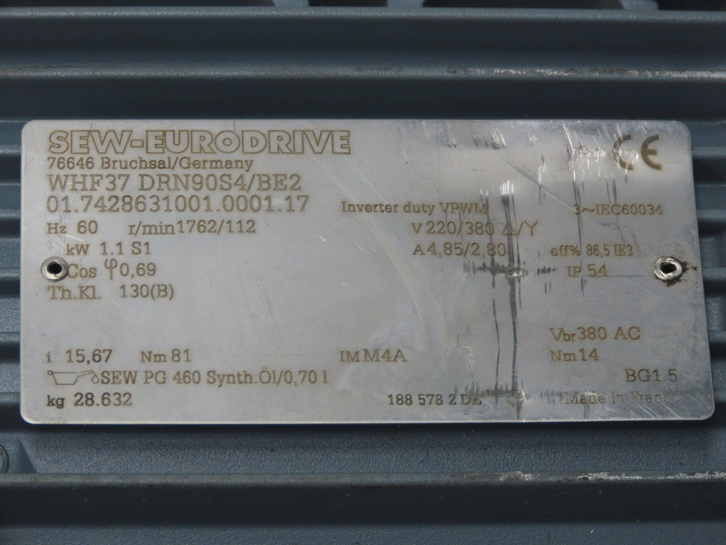 Sew Eurodrive WHF37 DRN90S4/BE2 Brake Gearmotor 1.1Kw 220/380V 1762/112rpm 15.67