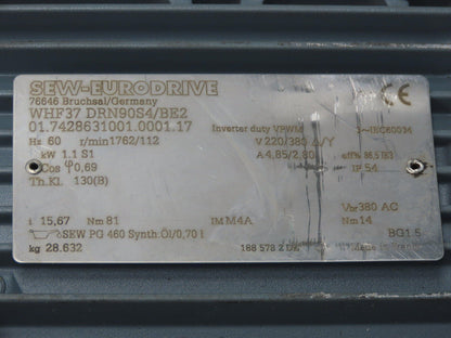 Sew Eurodrive WHF37 DRN90S4/BE2 Brake Gearmotor 1.1Kw 220/380V 1762/112rpm 15.67