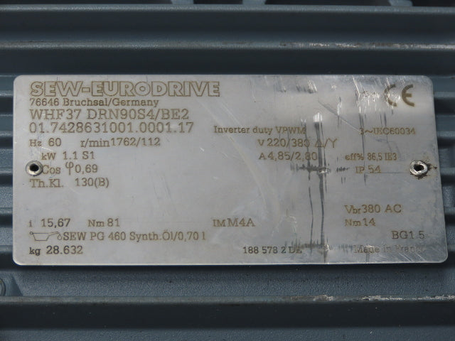 Sew Eurodrive WHF37 DRN90S4/BE2 Brake Gearmotor 1.1Kw 220/380V 1762/112rpm 15.67