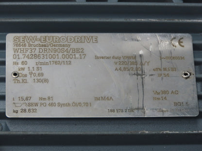 Sew Eurodrive WHF37 DRN90S4/BE2 Brake Gearmotor 1.1Kw 220/380V 1762/112rpm 15.67