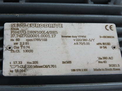 Sew Eurodrive FH47/GDRN100L4/BE5 Brake Gearmotor 2.2Kw 220/380V 102rpm 17.33:1