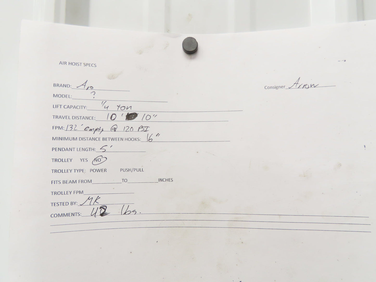 Aro 1/4 Ton 500 LB Pneumatic Air Chain Hoist 10'10" Lift 5' Pull Chain