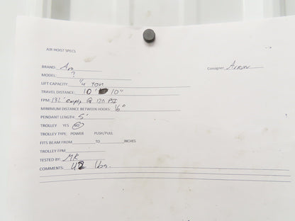 Aro 1/4 Ton 500 LB Pneumatic Air Chain Hoist 10'10" Lift 5' Pull Chain