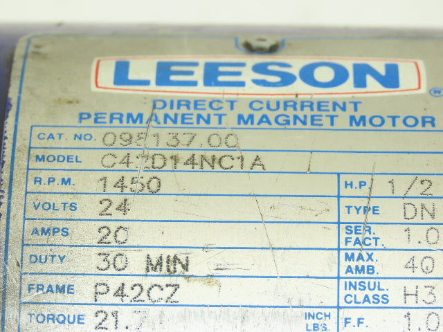 Leeson C42D14NC1A Permanent Magnet DC Motor 24v 1450rpm 1/2Hp P42CZ Frame TENV