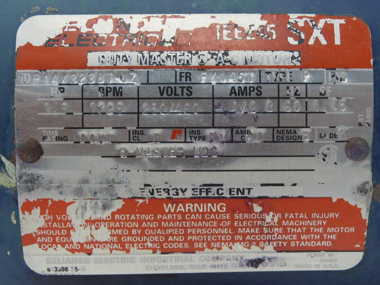 Baldor-Reliance IEEE45 SXT AC Motor 1.5Hp 1725rpm 230/460v 3ph 145T TEFC
