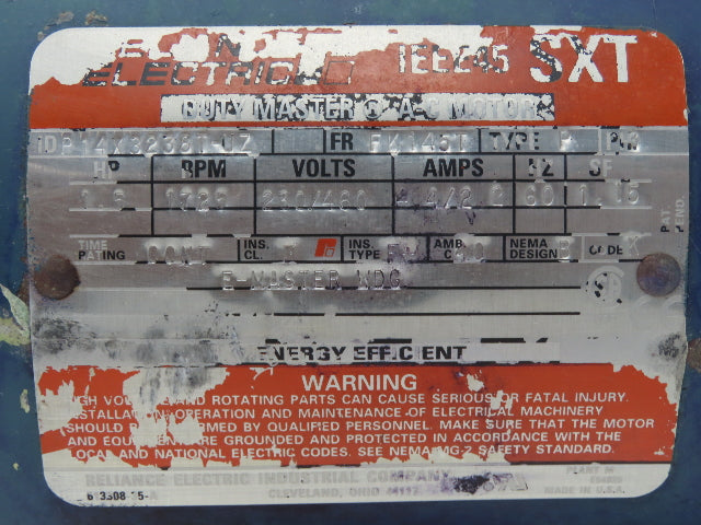 Baldor-Reliance IEEE45 SXT AC Motor 1.5Hp 1725rpm 230/460v 3ph 145T TEFC