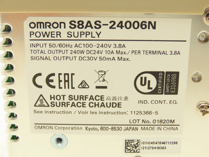 Omron S8AS-24006 Power Supply 6 Channel 24VDC 10A Out 120/240VAC 3.8A 1Ph In