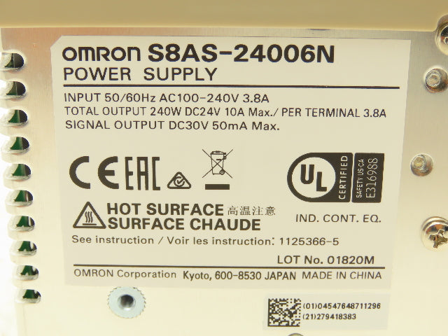 Omron S8AS-24006 Power Supply 6 Channel 24VDC 10A Out 120/240VAC 3.8A 1Ph In