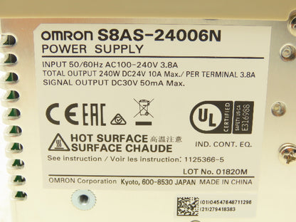 Omron S8AS-24006 Power Supply 6 Channel 24VDC 10A Out 120/240VAC 3.8A 1Ph In