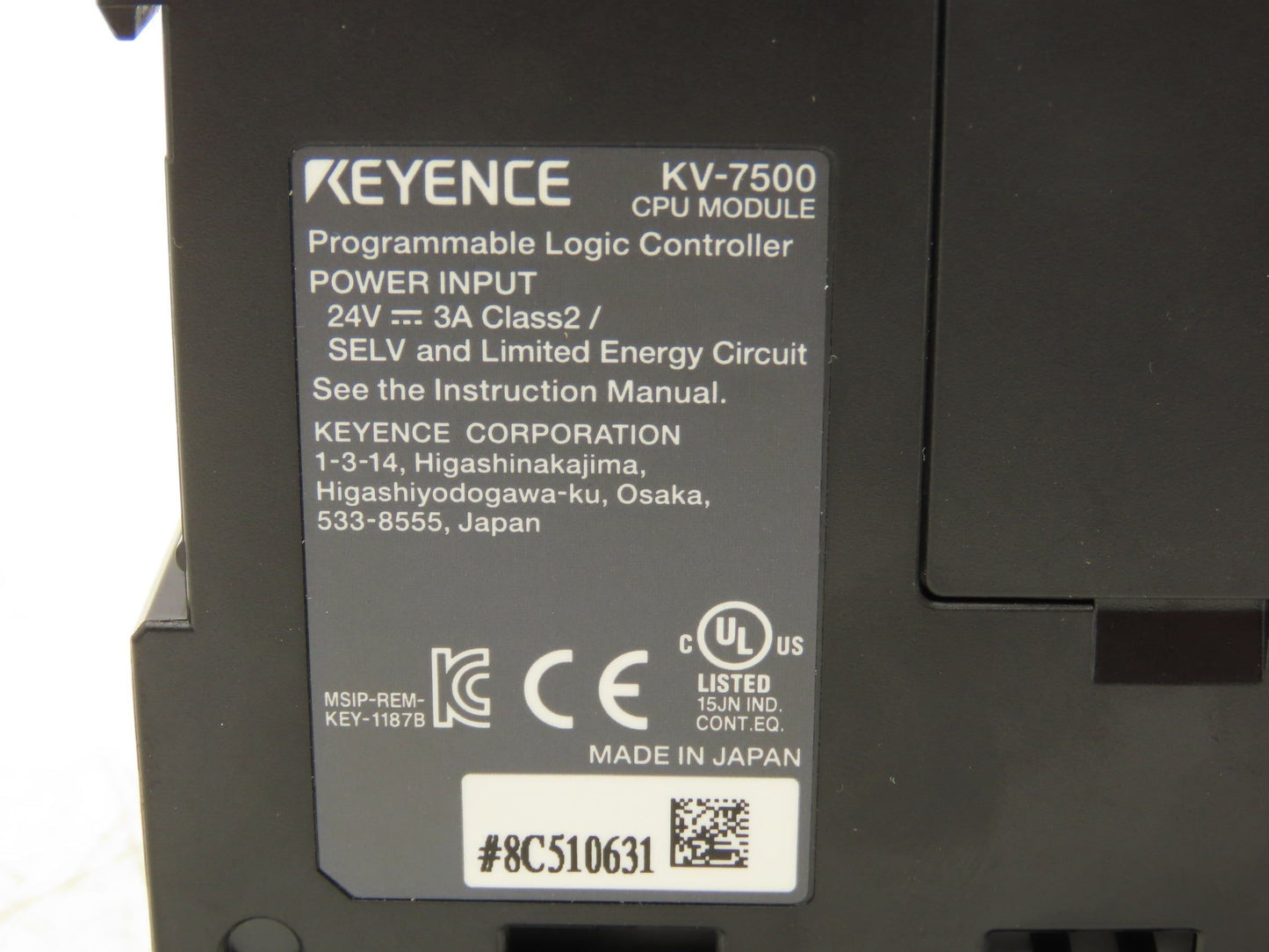 Keyence KV-7500 CPU Processor Module 24VDC 3A