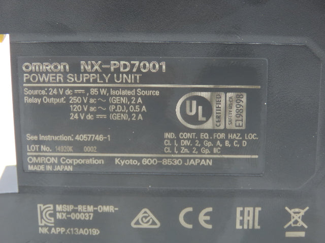 Omron NX-PD7001 Power Supply 120/250VAC 24VDC Out 24VDC 85W In