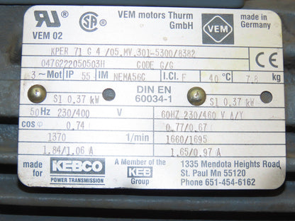 Dorner 32M005HS423EI Conveyor Gearmotor 5:1 Ratio 1/2Hp 340rpm 230/460V 3PH