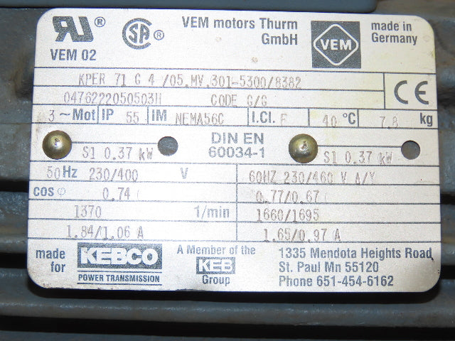 Dorner 32M005HS423EI Conveyor Gearmotor 5:1 Ratio 1/2Hp 340rpm 230/460V 3PH