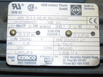 Dorner 32M005HS423EI Conveyor Gearmotor 5:1 Ratio 1/2Hp 340rpm 230/460V 3PH