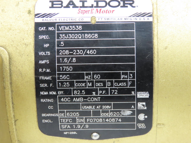 Boston Gear Baldor CF72160ZB5GR0 Gearmotor 60:1 Ratio 1/2Hp 29rpm 460V 3Ph LH