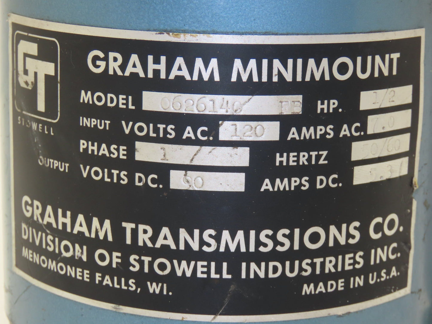 Graham Stowell 0626140 Minimount DC Motor Drive Input 120VAC  Output 90VDC
