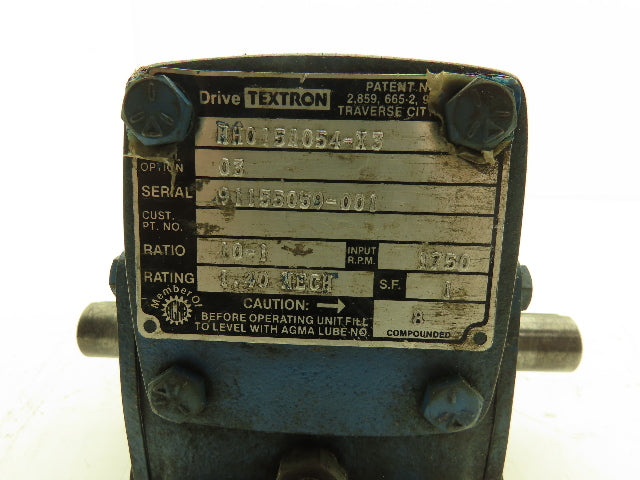 Cone Drive Textron MH015A054-X3 Gearbox 10:1 Reducer 175rpm Dual Shaft 48 Frame