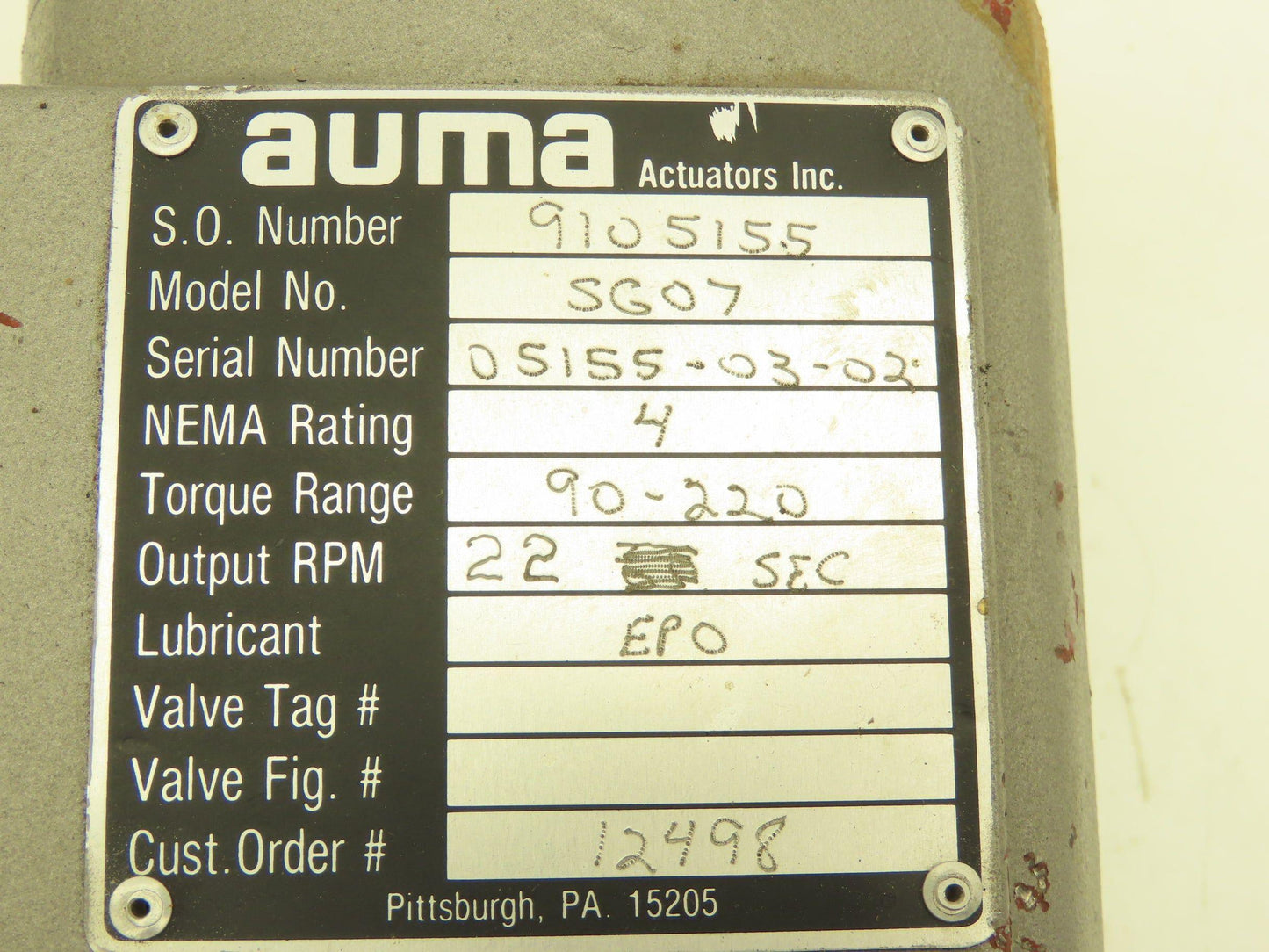 AUMA 9105155 SG07 Valve Actuator 1/2" NPT No motor