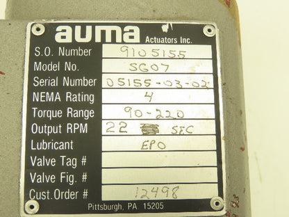 AUMA 9105155 SG07 Valve Actuator 1/2" NPT No motor