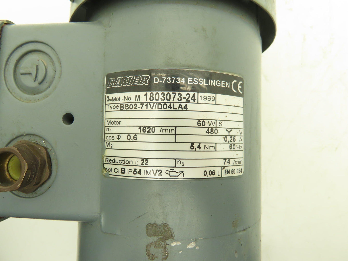 Bauer BS02-71V/D04LA4 AC Gearmotor 22:1 Reducer 74rpm 480v 3ph LH Output