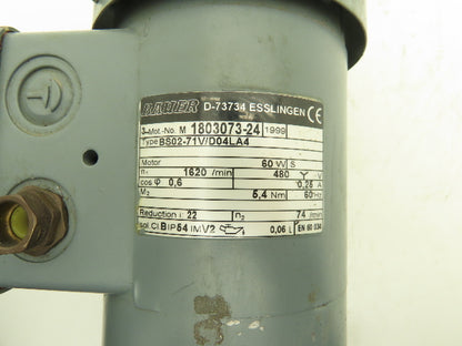 Bauer BS02-71V/D04LA4 AC Gearmotor 22:1 Reducer 74rpm 480v 3ph LH Output