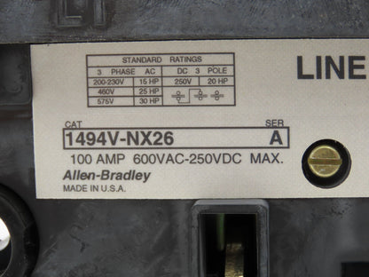 Allen Bradley 1494V-NX26 3-Pole Fusible Disconnect Switch 100A 600VAC Ser A