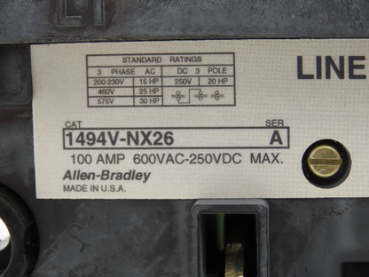 Allen Bradley 1494V-NX26 3-Pole Fusible Disconnect Switch 100A 600VAC Ser A