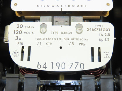 Westinghouse 64190770/246C715G01 D4B-2F Two Stator Watthour Meter Kilowatthours