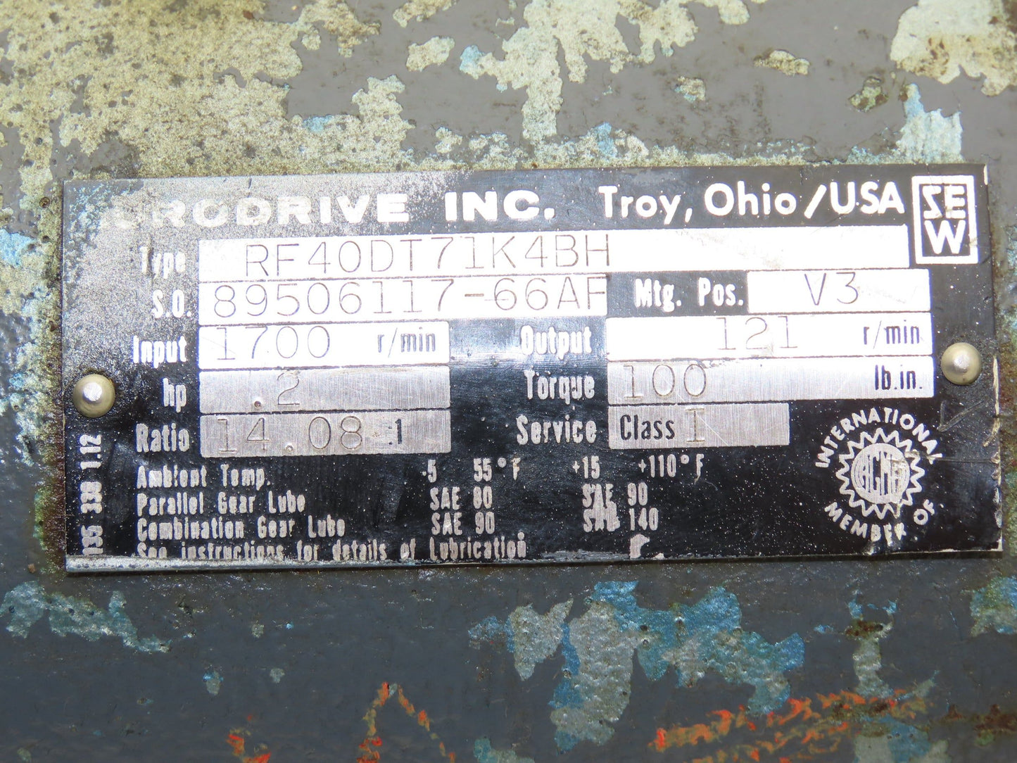 Eurodrive Inc. RF40DT71K4BH Inline Worm Gearbox 14:1 Ratio 0.2Hp 121rpm