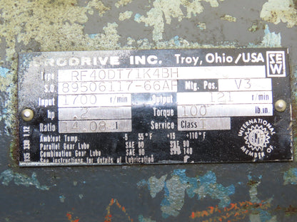 Eurodrive Inc. RF40DT71K4BH Inline Worm Gearbox 14:1 Ratio 0.2Hp 121rpm