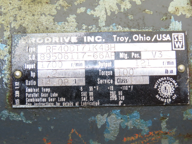 Eurodrive Inc. RF40DT71K4BH Inline Worm Gearbox 14:1 Ratio 0.2Hp 121rpm