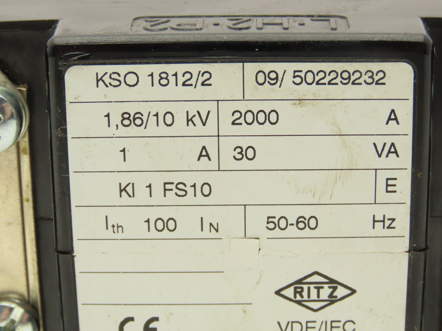 Ritz KSO 1812/2 Current Transformer 1.86/10kV 2000A 1A Kl 1FS10