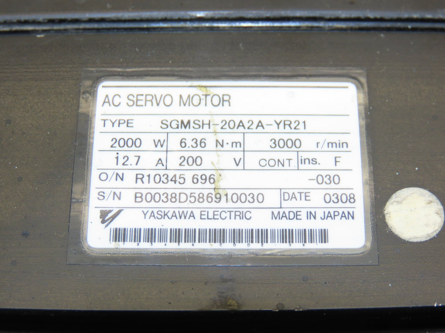 Yaskawa SGMSH-20A2A-YR21 AC Servo Motor 2000W 3000rpm 200VAC w/Encoder