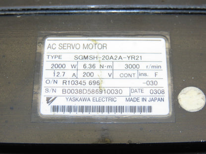 Yaskawa SGMSH-20A2A-YR21 AC Servo Motor 2000W 3000rpm 200VAC w/Encoder