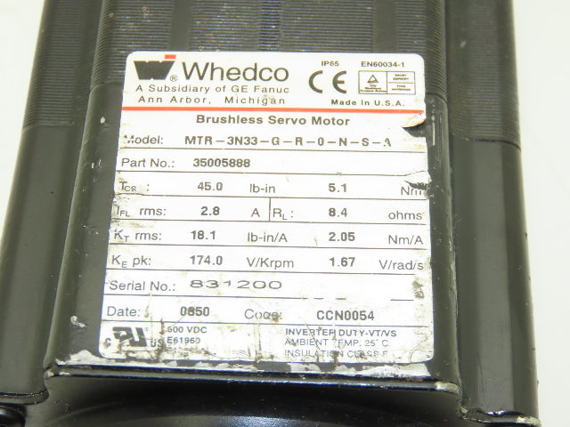Whedco Fanuc MTR-3N33-G-R-0-N-S-A DC Brushless Servo Motor 600VDC