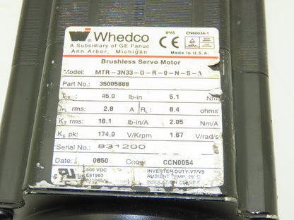 Whedco Fanuc MTR-3N33-G-R-0-N-S-A DC Brushless Servo Motor 600VDC