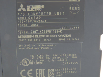 Mitsubishi Q64AD Melsec-Q A/D Converter Unit -10~10V 15VDC 30mA 5VDC 0.64A