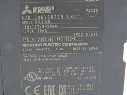 Mitsubishi Q64AD Melsec-Q A/D Converter Unit -10~10V 15VDC 30mA 5VDC 0.64A