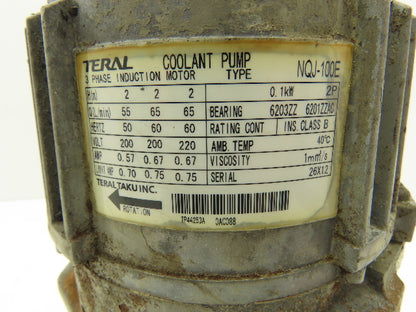 Teral Taku NQJ-100E Immersion Coolant Pump 3/8"npt 65L/min 0.1kw 220V 3PH