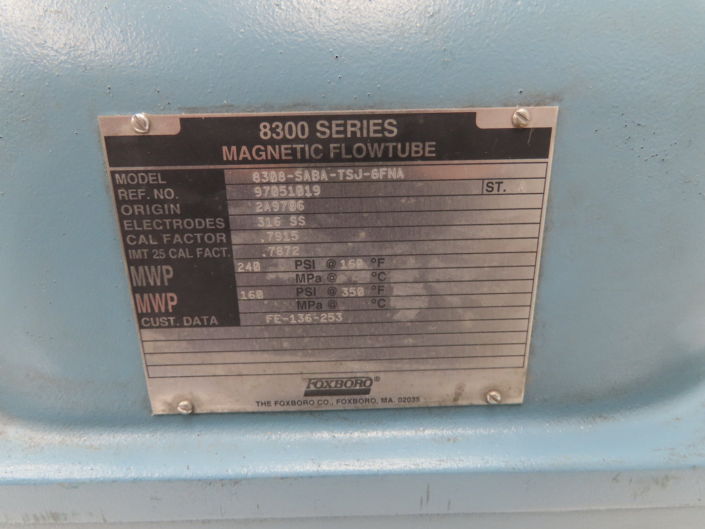 Foxboro 8308-SABA-TSJ-GFNA Magnetic Flow Meter 8" Flow Tube 240psi 8300 Series