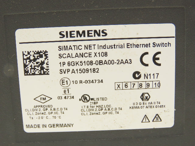 Siemens SVP A1509182 1P 6GK5108-0BA00-2AA3 Scalance X108 Ethernet Switch 8-Port