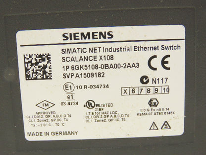 Siemens SVP A1509182 1P 6GK5108-0BA00-2AA3 Scalance X108 Ethernet Switch 8-Port