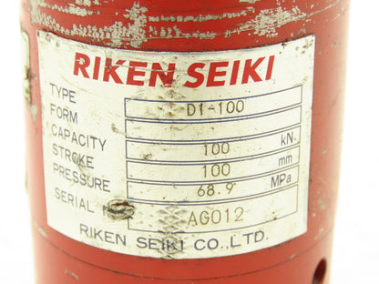 Riken Seiki D1-100 Hydraulic Cylinder Jack 100kN Capacity 100mm Stroke 68.9MPa