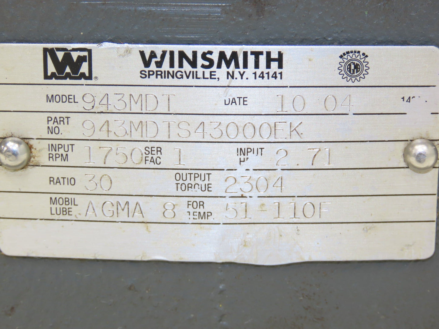 Winsmith 943MDT Worm Gearbox 30:1 Speed Reducer 2.7Hp 58rpm LH Output 182/184T