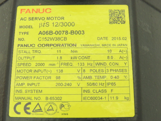 Fanuc A06B-0078-B003 AC Servo Motor 1.8kw 138V 2000rpm Encoder A860-2020-T301