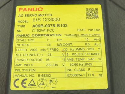 Fanuc A06B-0078-B103 AC Servo Motor 1.8kw 138V 2000rpm Encoder A860-2020-T301